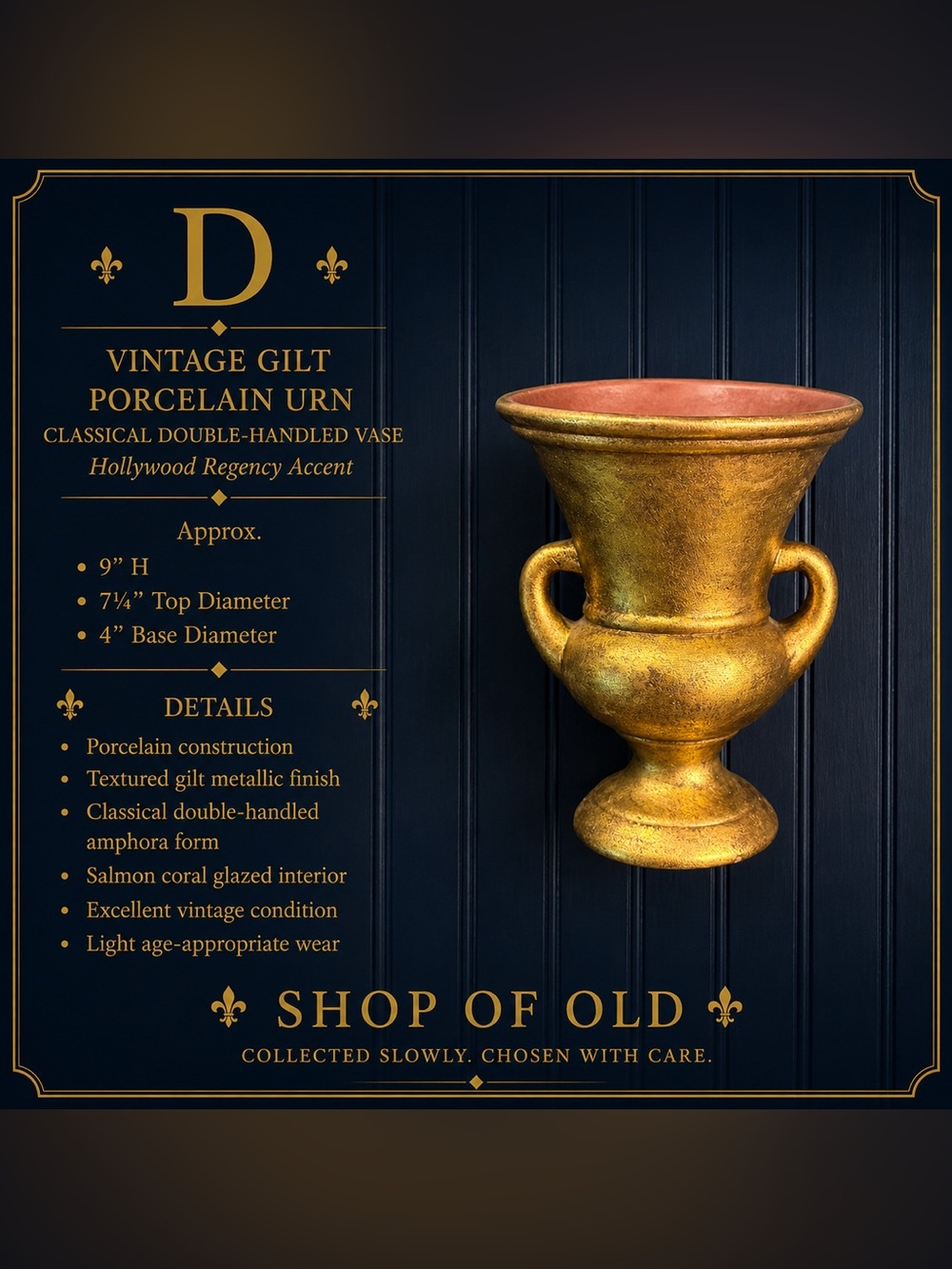 Vintage Gilt Porcelain Urn | Hollywood Regency Double-Handled Vase